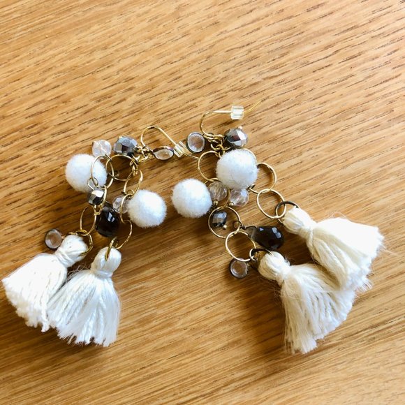 Anthropologie Tassel Pom-Pom Crystal Drop Chandelier Statement Earrings - Picture 2 of 4